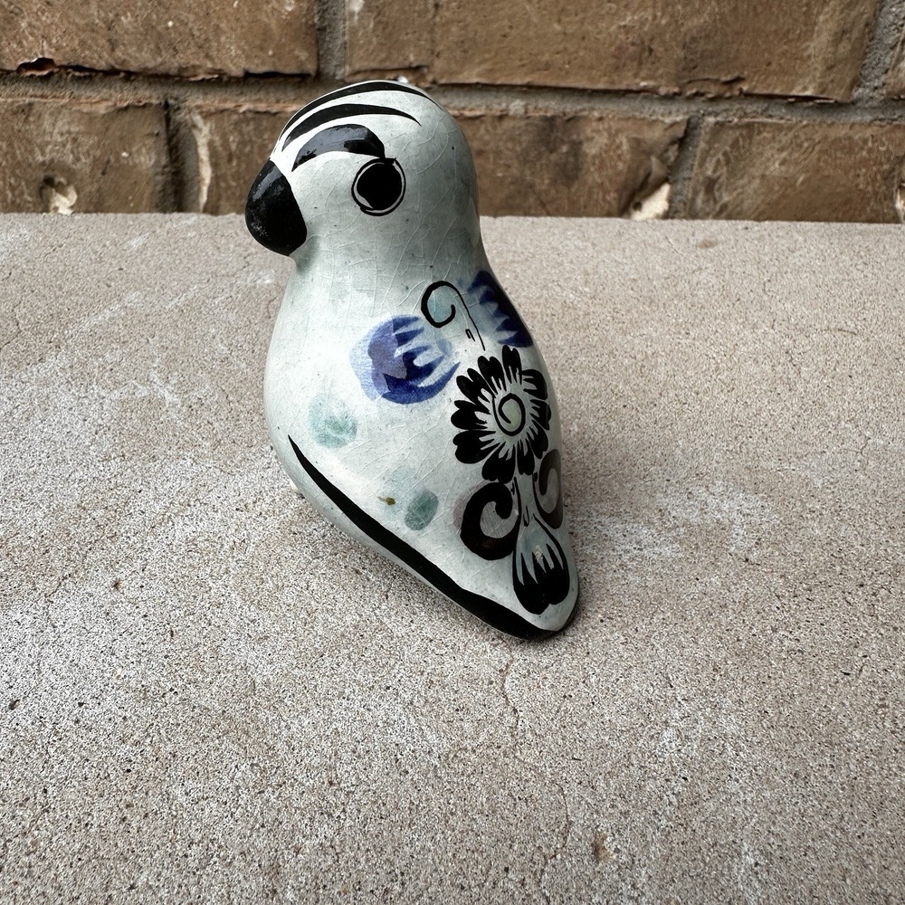 Vintage Mexican Tonala Folk Art Pottery Hand Painted Bird Figurine Blue Floral